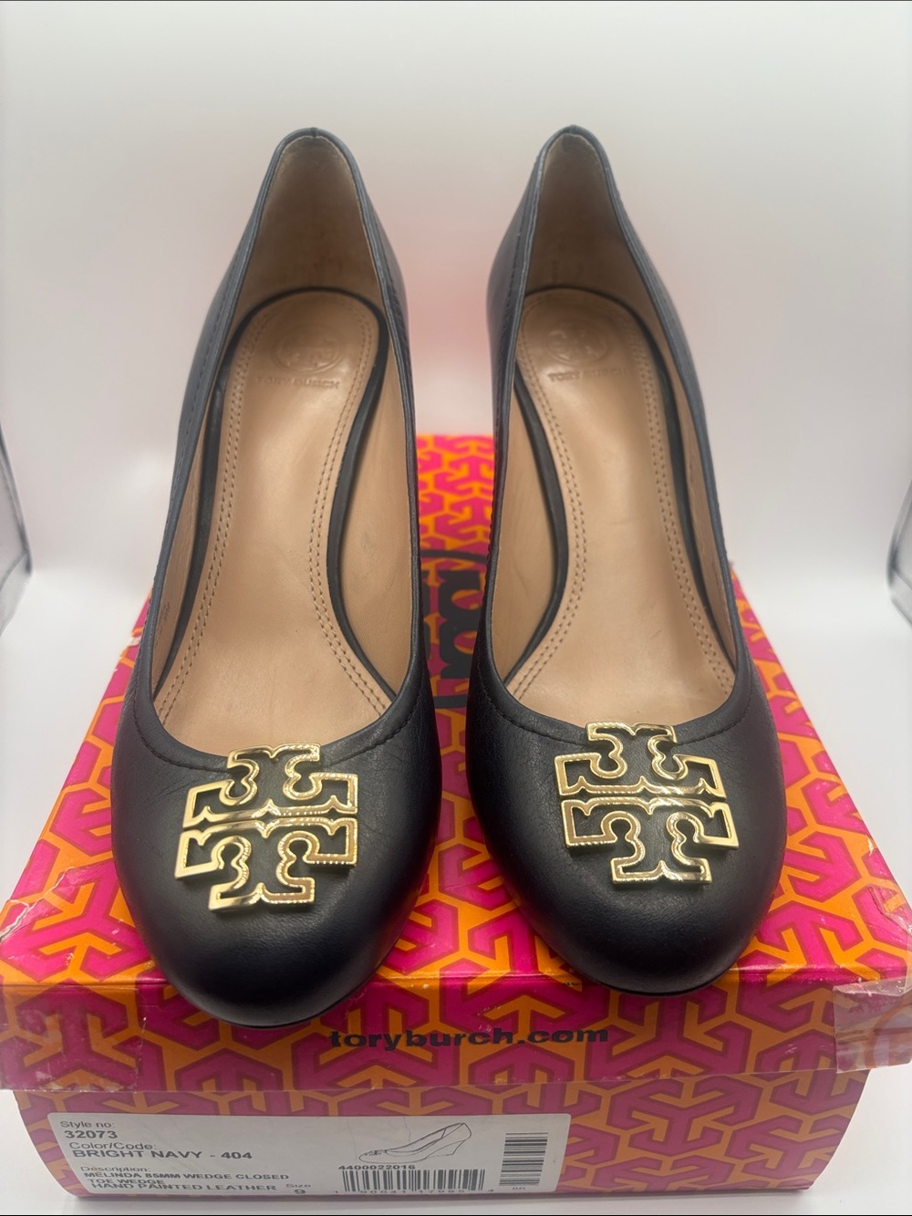 Tory Burch Navy Leather Wedges with Gold Logo